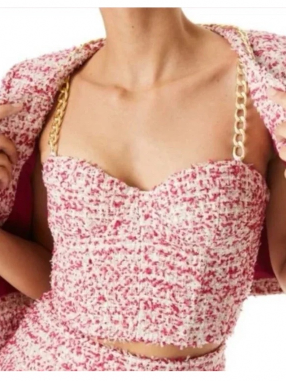 New Alice + Olivia White & Pink Tweed Crop Top Gold chain straps bustier top S 4 - Picture 3 of 6